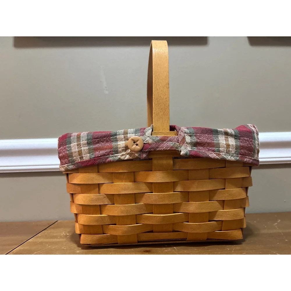 Handwoven Wood Splint Basket with Red Plaid Liner and Plastic Protector Honey